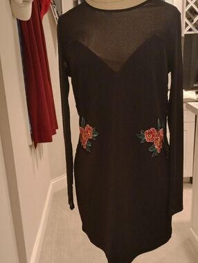 Material Girl Black Long-Sleeve Dress with Red Floral Appliqués